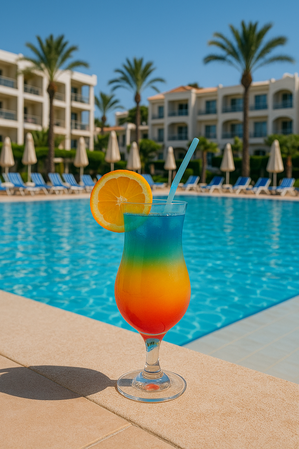 Bunter Cocktail mit einer Orangenscheibe am Rand eines Hotelpools