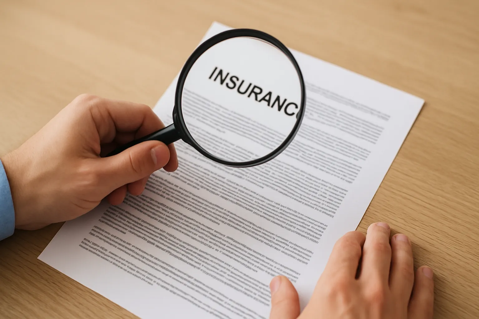 Eine Person prüft mit einer Lupe die Details eines Versicherungsvertrags