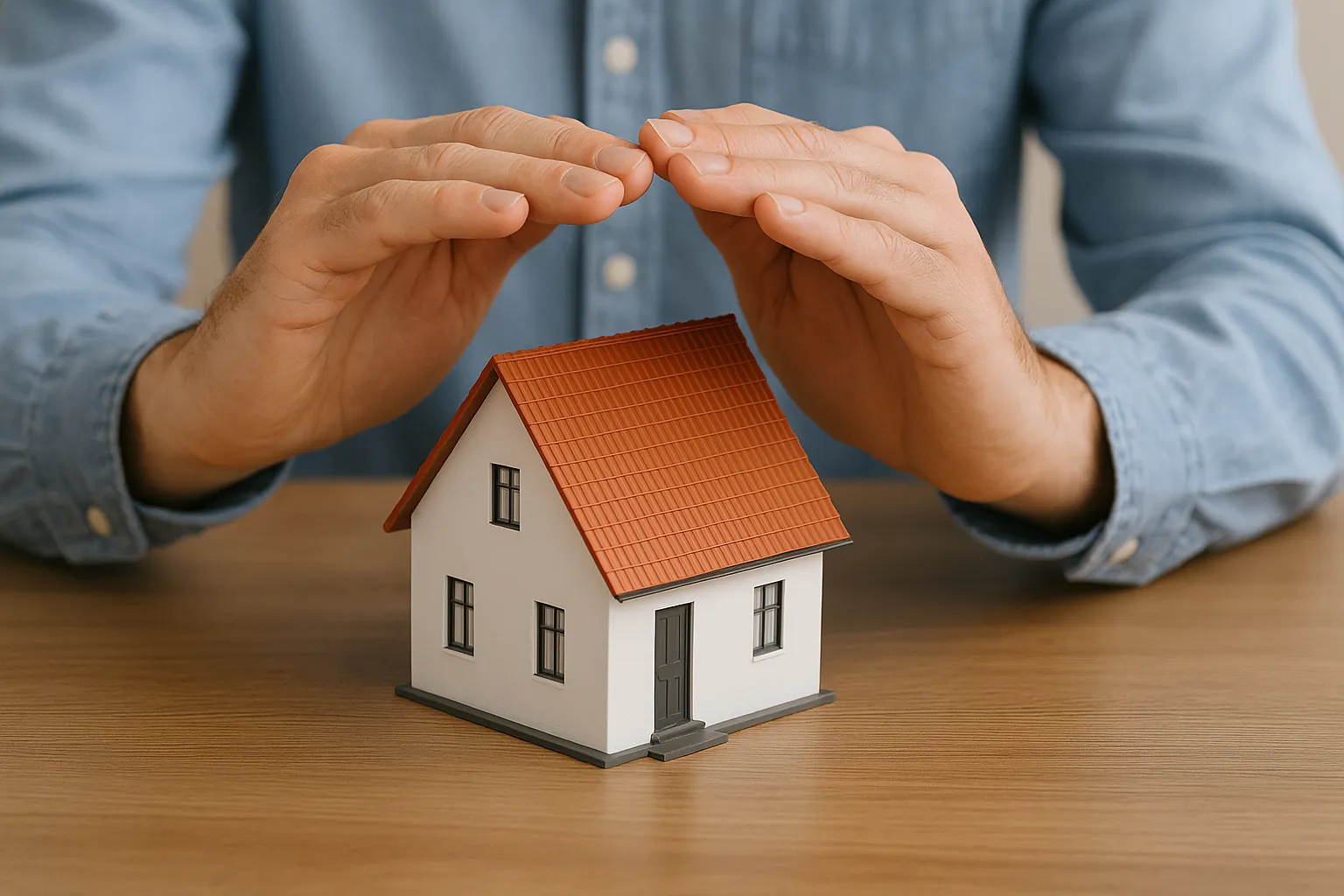 Schützende Hände über einem Hausmodell als Symbol für die Wohngebäudeversicherung