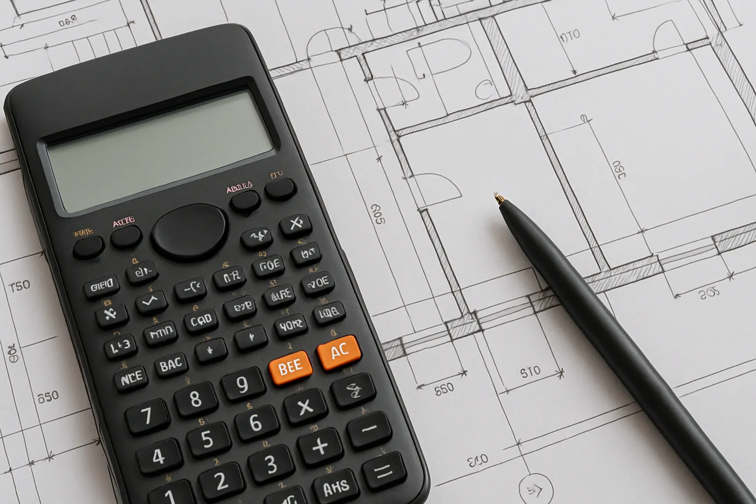 Taschenrechner und Stift auf einem Bauplan zur Kalkulation der Gebäudeversicherung Kosten