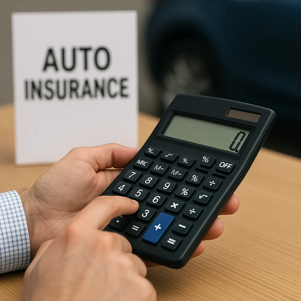 Person berechnet den Beitrag für die KFZ Versicherung auf einem Taschenrechner
